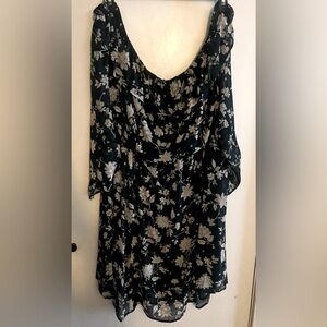 Beautiful Forest Green Off Shoulder Floral Dress with Sheer Elbow Length Sleeves